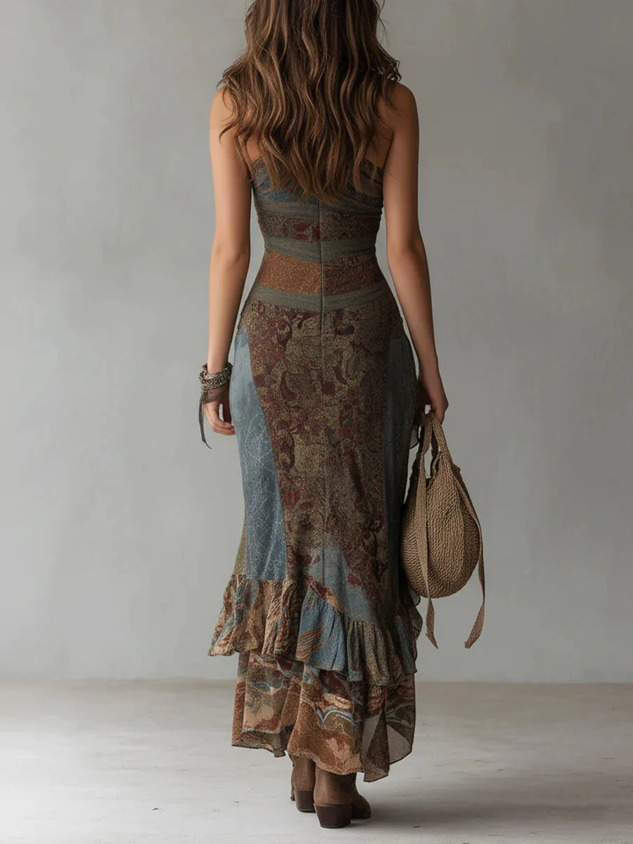 Elena  | Vestido largo asimétrico con estampado étnico y abertura alta