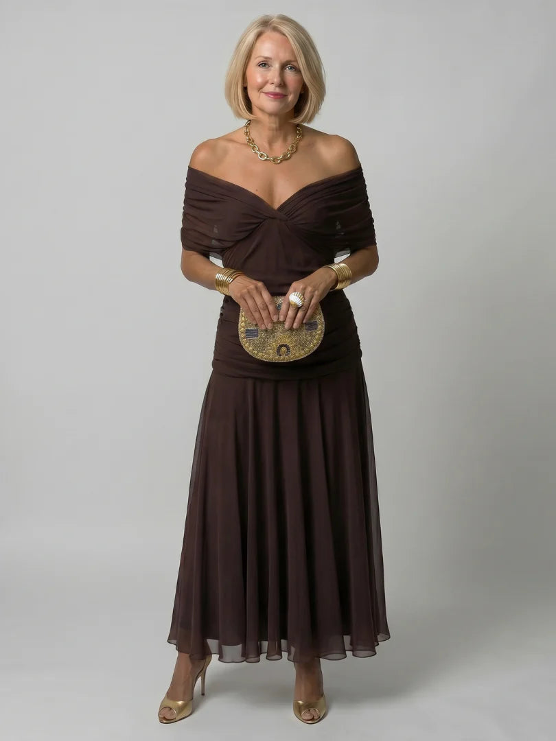 Melisa | Vestido midi fluido con hombros descubiertos