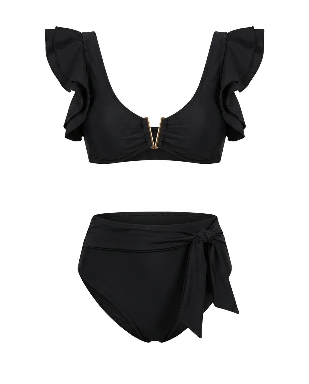 India | Bikini negro dorado con volantes