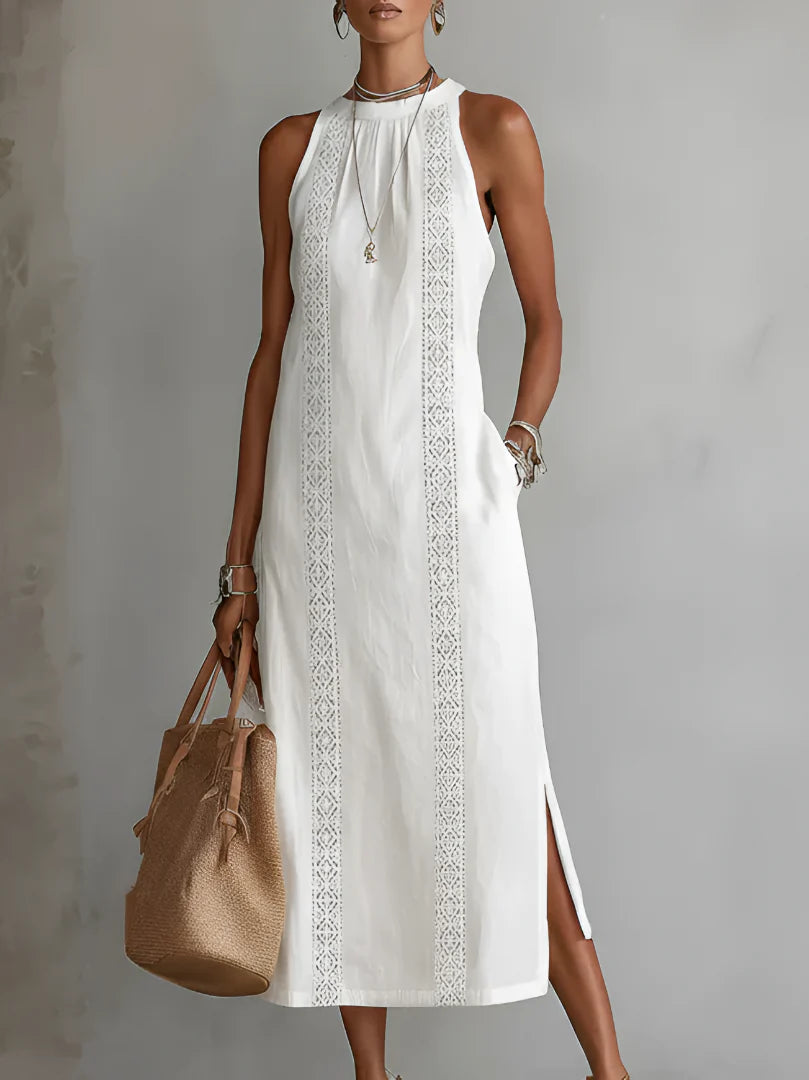 Tatiana | Vestido midi de lino con cuello Mao