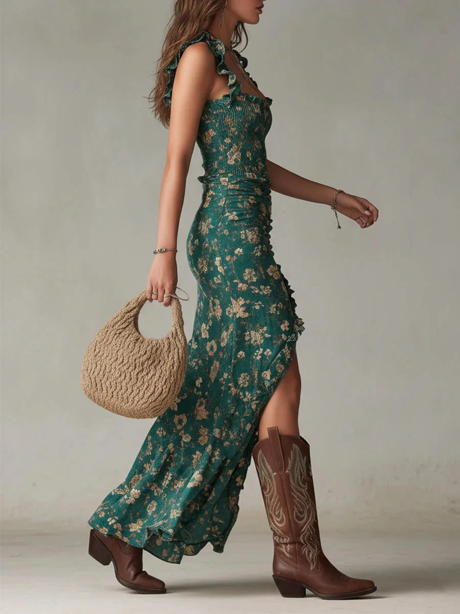 Selena | Vestido Midi Boho Floral Fruncido con Abertura