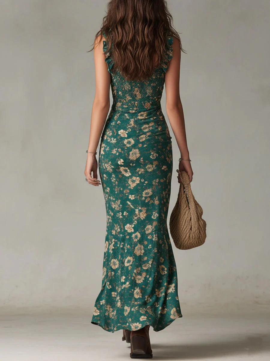 Selena | Vestido Midi Boho Floral Fruncido con Abertura