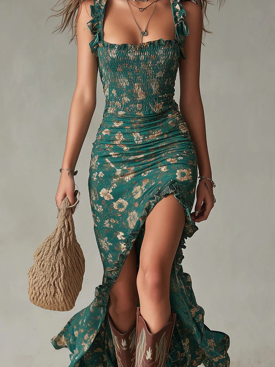 Selena | Vestido Midi Boho Floral Fruncido con Abertura