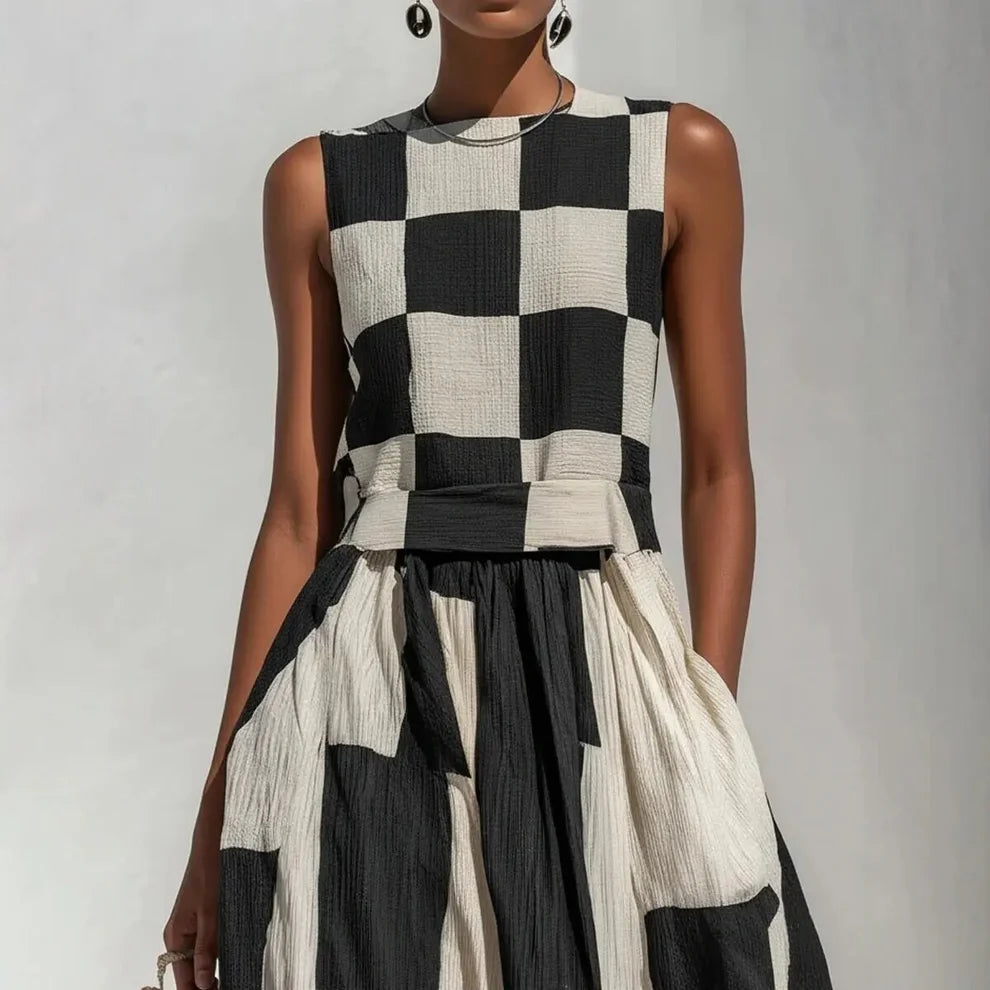 Noa | Vestido Maxi Geométrico en Blanco y Negro
