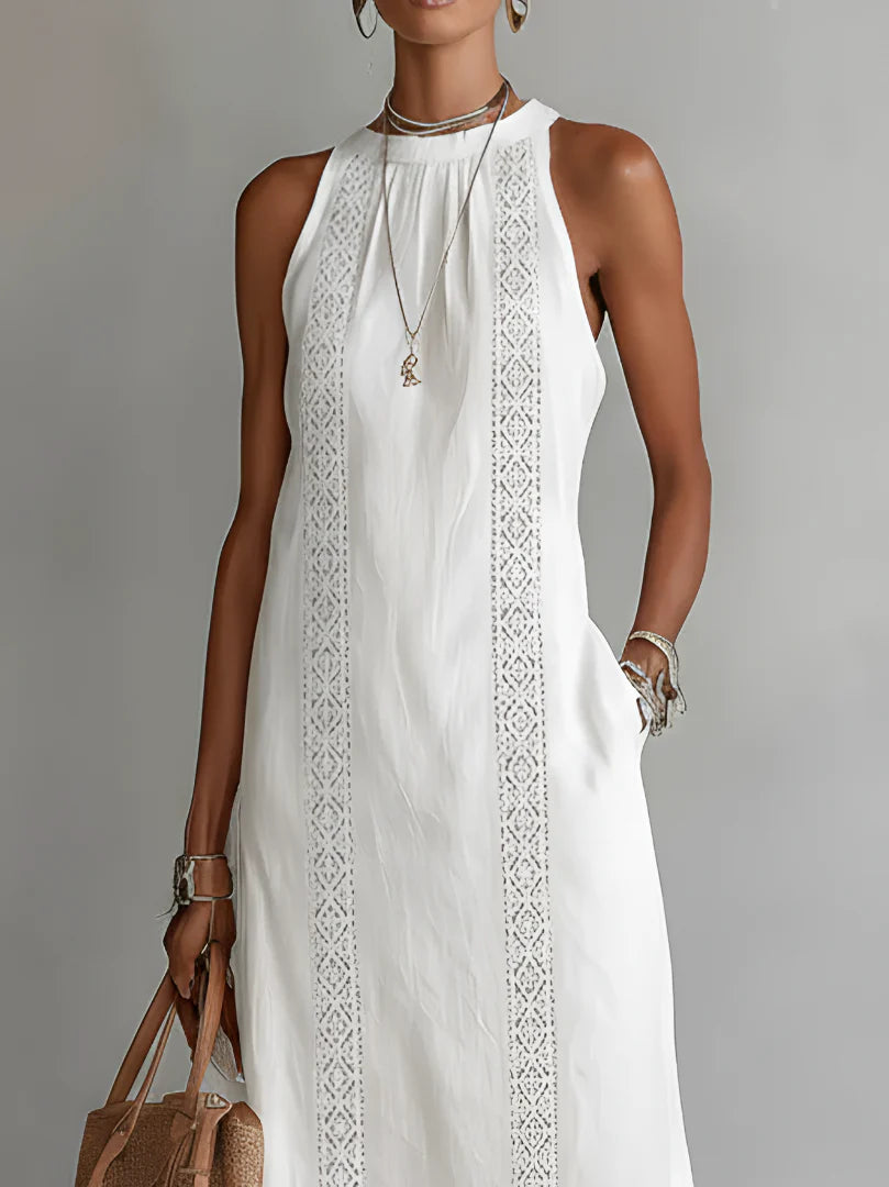 Tatiana | Vestido midi de lino con cuello Mao