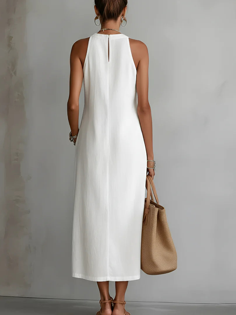 Tatiana | Vestido midi de lino con cuello Mao