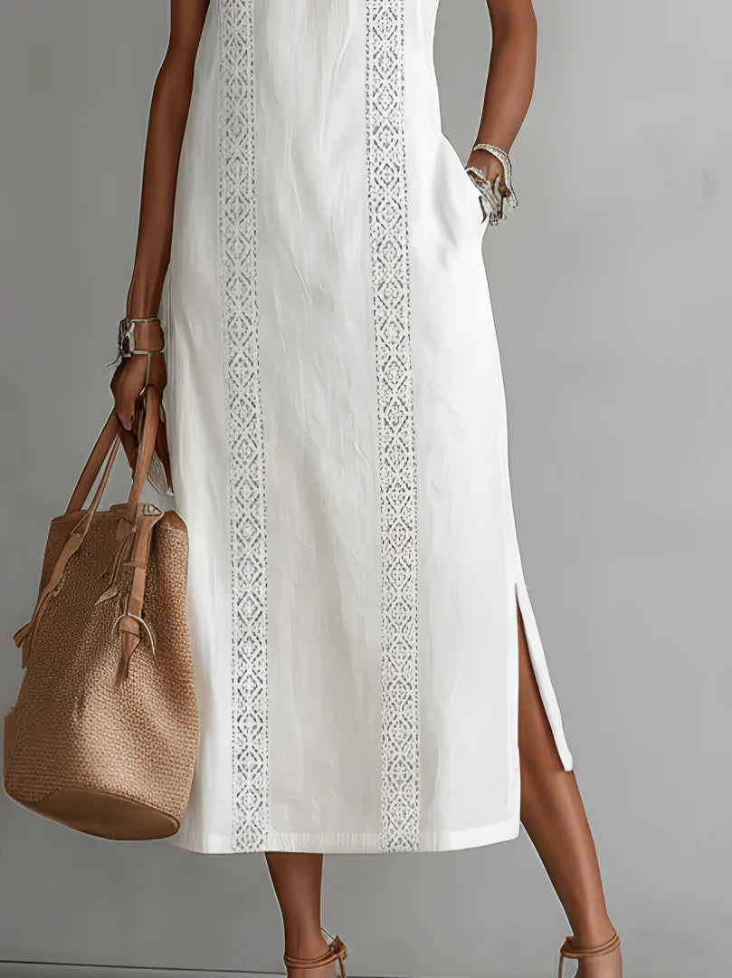 Tatiana | Vestido midi de lino con cuello Mao