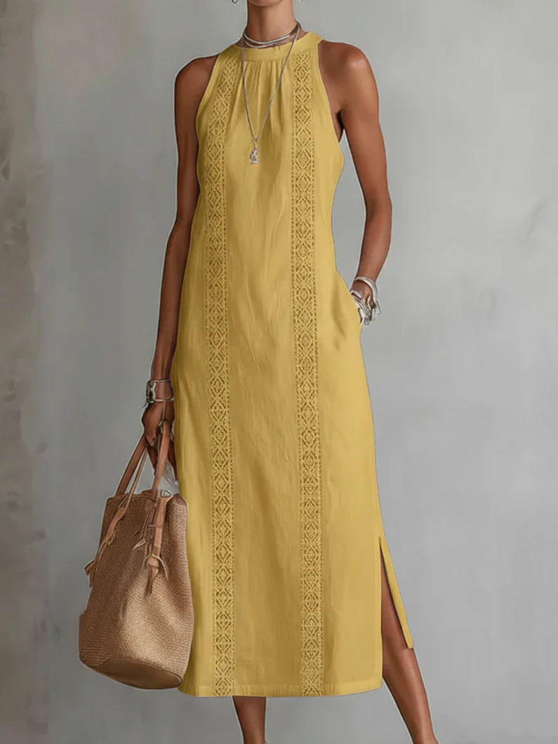 Tatiana | Vestido midi de lino con cuello Mao