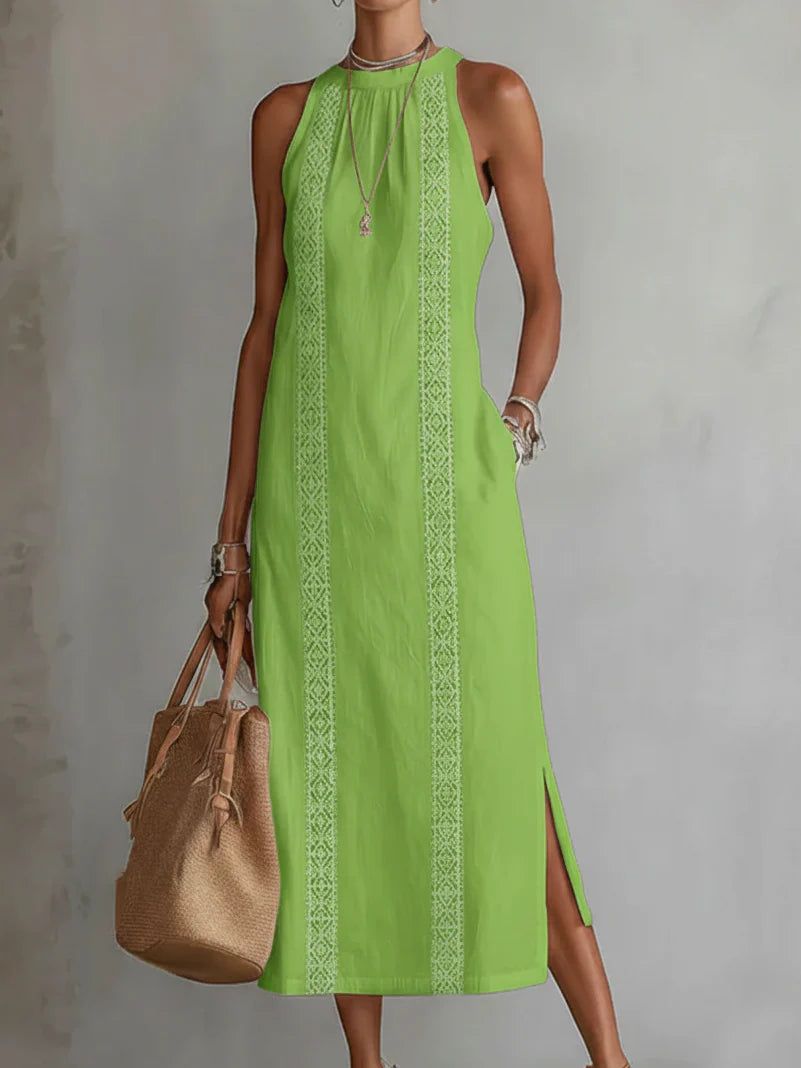 Tatiana | Vestido midi de lino con cuello Mao