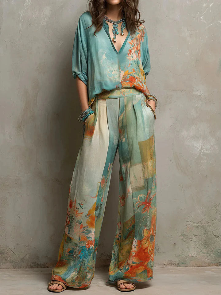 Chiara | Set elegante estampado floral con pantalón amplio