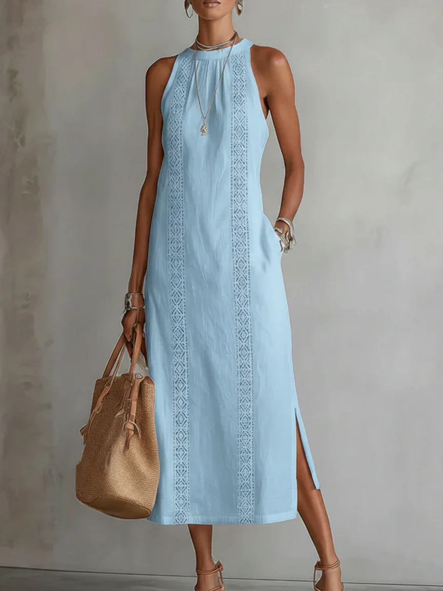 Tatiana | Vestido midi de lino con cuello Mao