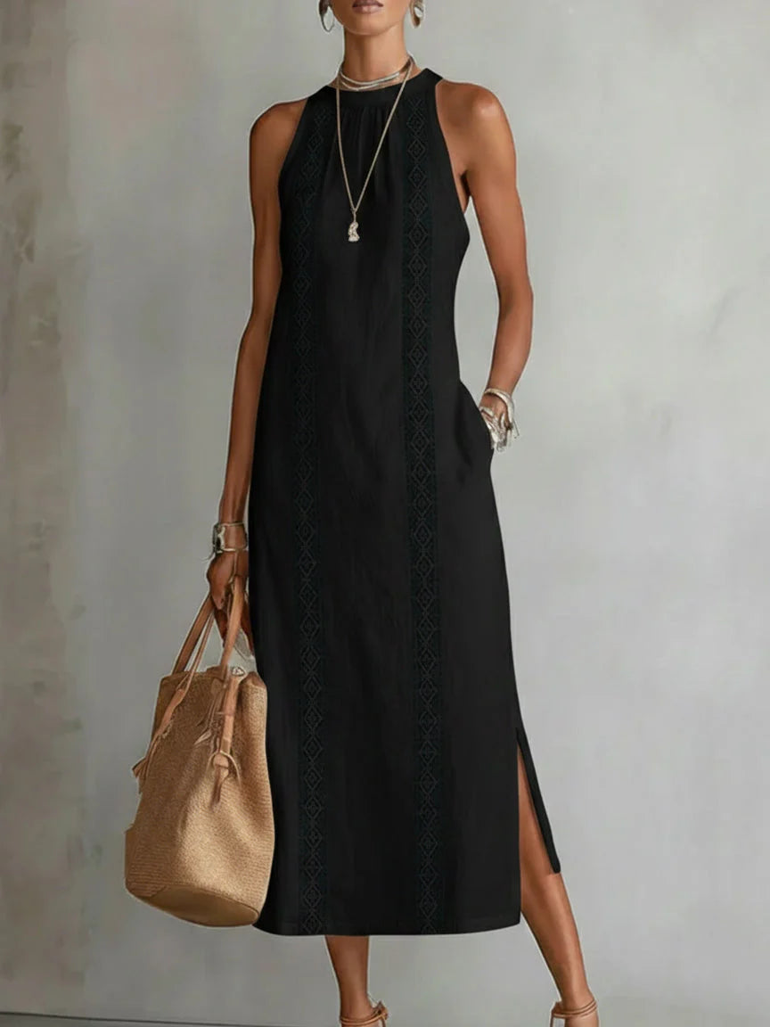 Tatiana | Vestido midi de lino con cuello Mao