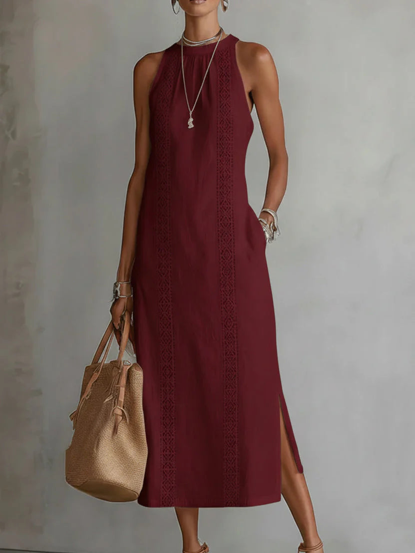 Tatiana | Vestido midi de lino con cuello Mao